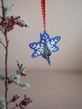 Handmade 3D Beaded Snowflake Christmas Ornament Blue and White